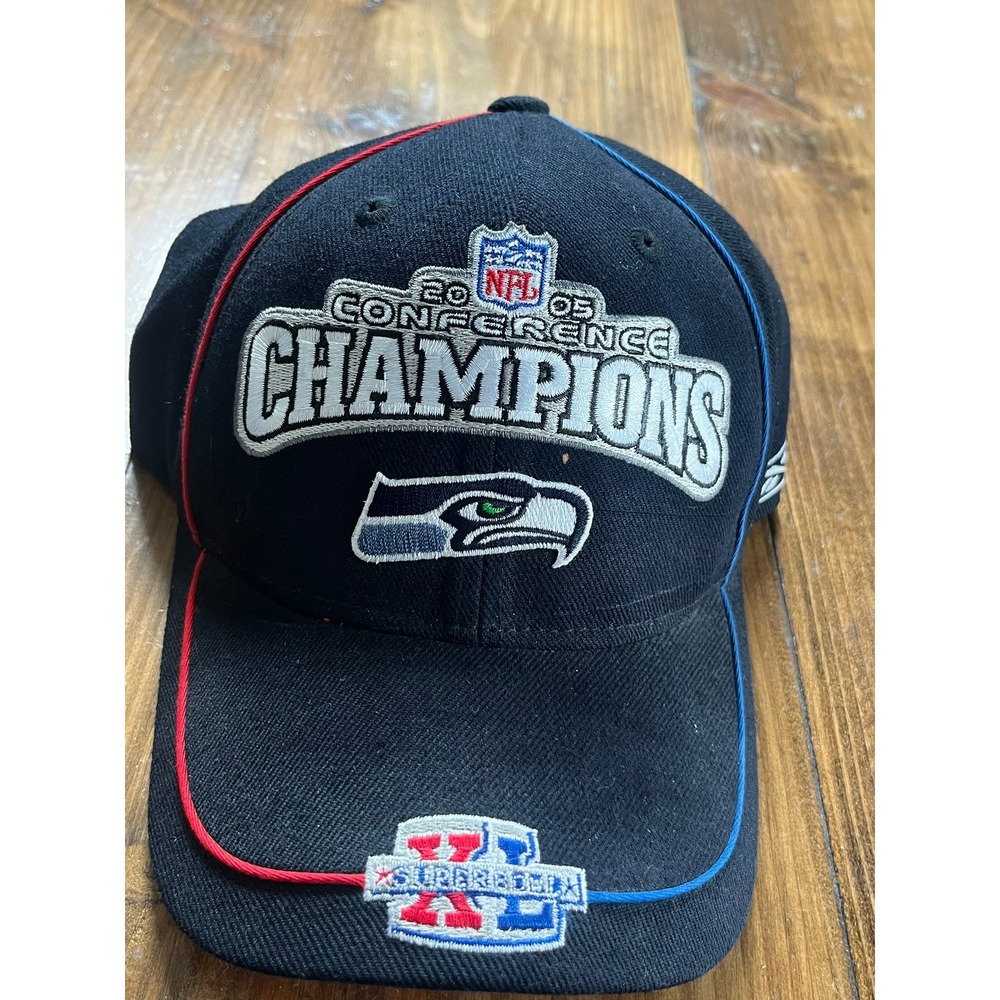 Reebok Seattle Seahawks 2005 NFC Champions Hat Super Bowl XL Road to Forty Black